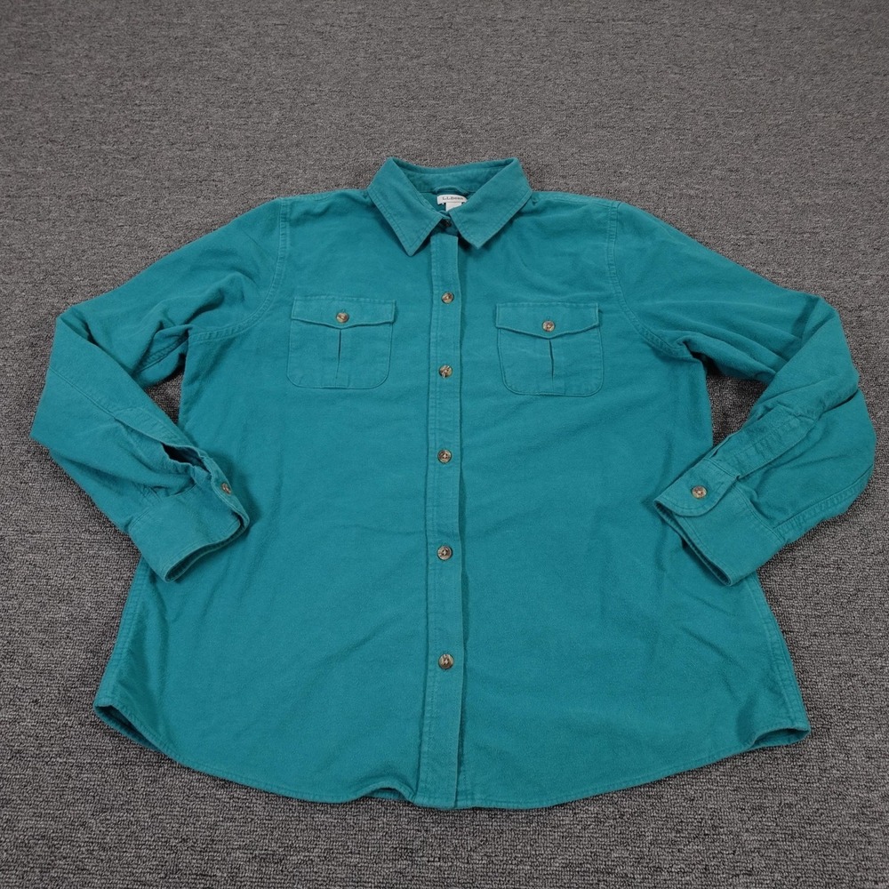 L.L.Bean Shirt Womens Large Green Flannel Button Up Long Sleeve Pockets Casual